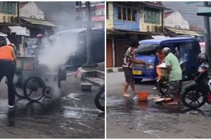 Momen pemuda bantu padamkan gerobak penjual kali lima yang terbakar, aksi heroiknya bikin salut