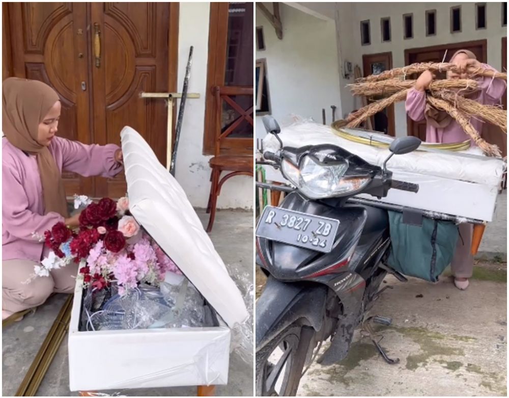 Wanita ini angkut properti pernikahan sendiri pakai motor, hasil dekorasinya tiada tanding