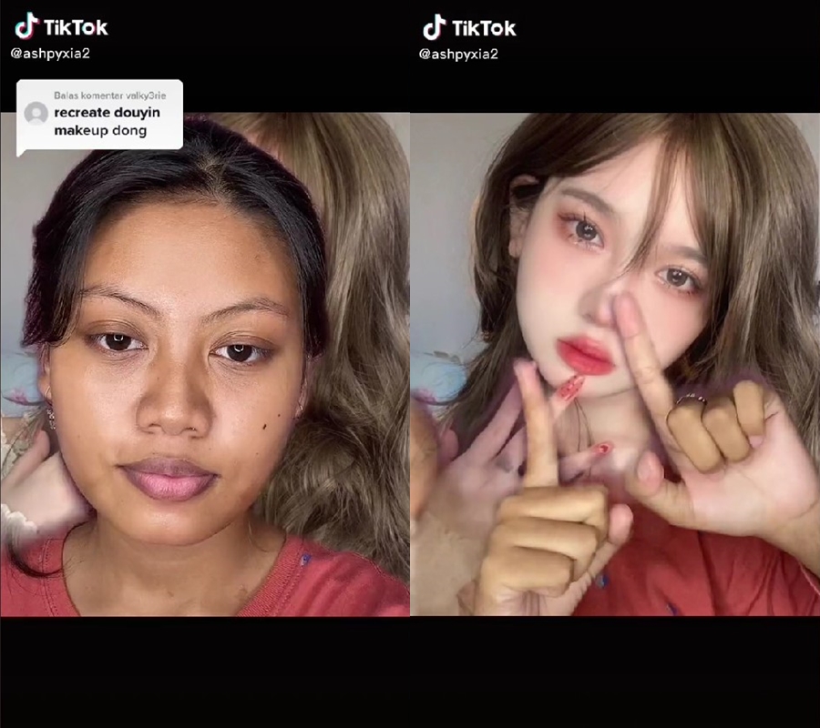 Transformasi gadis berkulit sawo matang makeup ala Douyin ini dikira beda orang, bibir jadi mungil