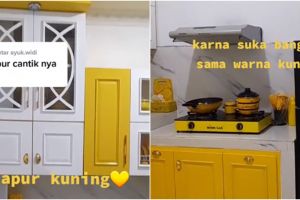Perpaduan warna dapur sederhana ini jadi estetik, nggak norak meski serba kuning