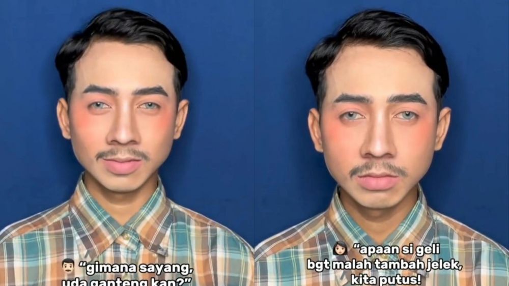 Transformasi riasan pria berkumis ini bikin pangling, dari kusam jadi glowing