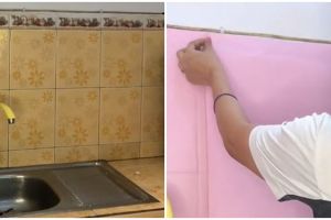 Cukup pakai wallpaper, ini cara mudah makeover dapur sempit jadi serba pink dengan budget minimal