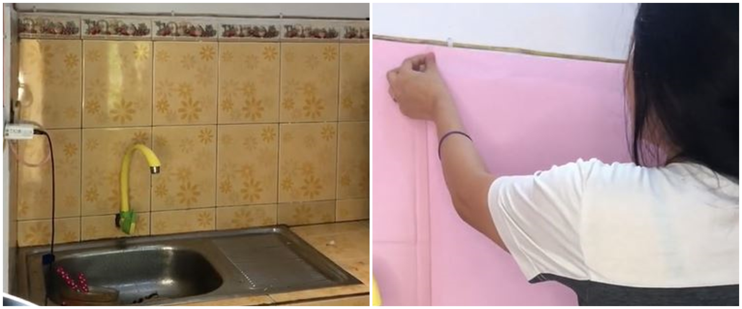 Cukup pakai wallpaper, ini cara mudah makeover dapur sempit jadi serba pink dengan budget minimal