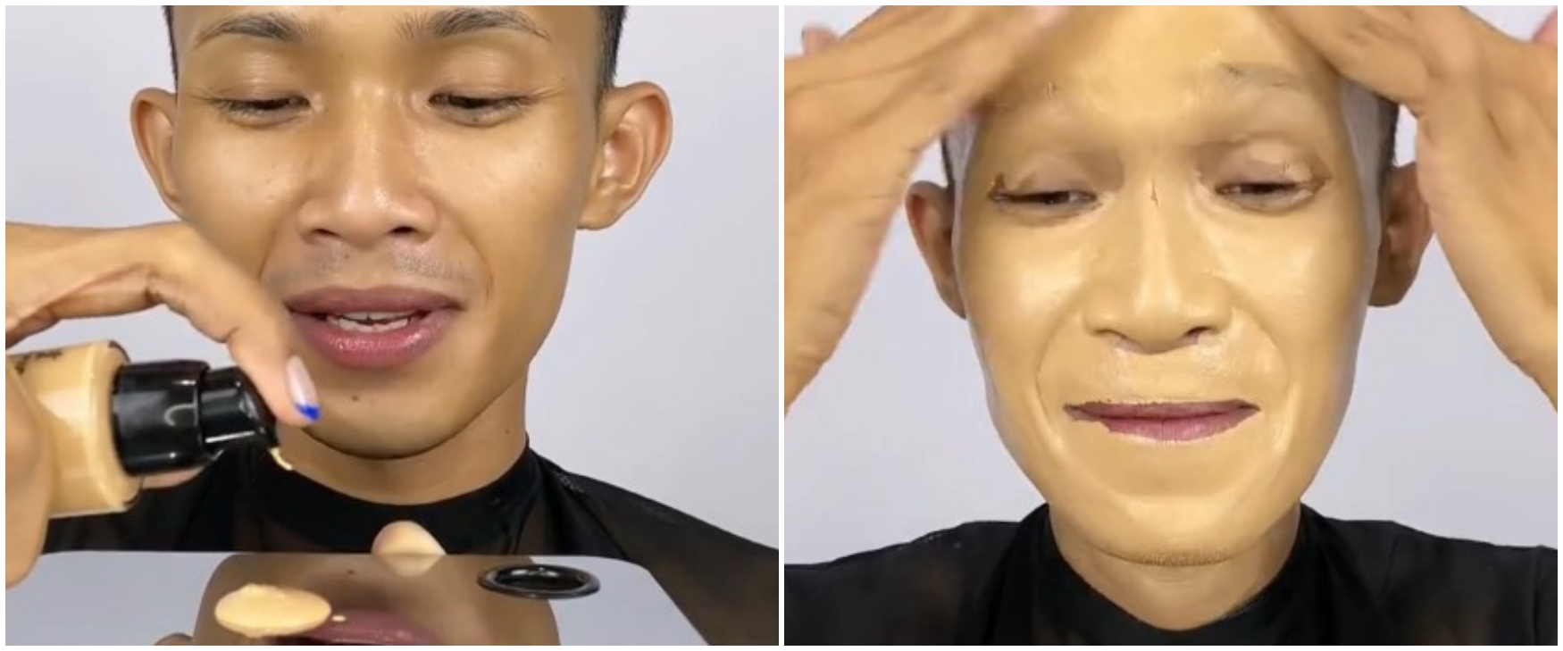Pakai foundation 15 pump, transformasi pria usai makeup ini hasilnya flawless abis antidempul