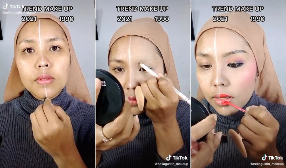 Potret wanita bikin makeup look jadul vs modern dalam satu wajah, bukti bedanya signifikan