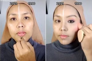 Potret wanita bikin makeup look jadul vs modern dalam satu wajah, bukti bedanya signifikan