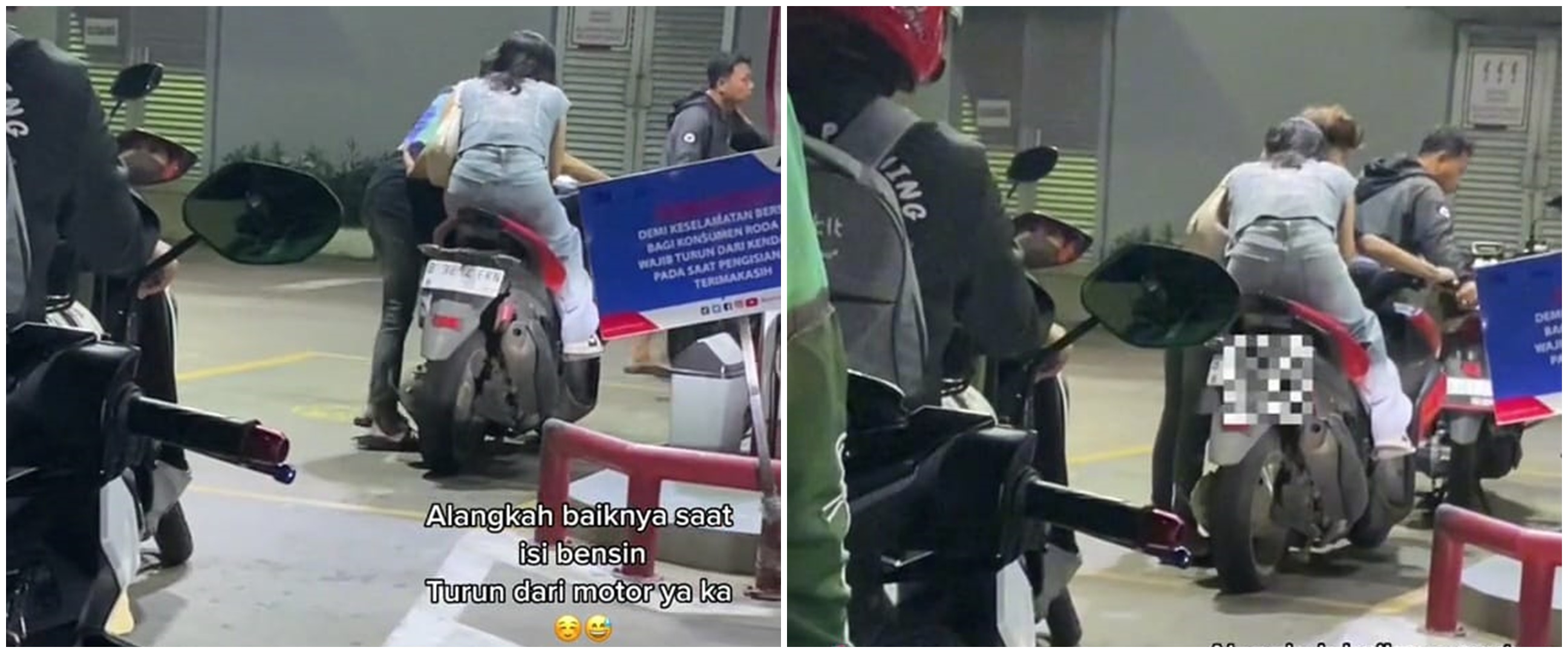 Cewek ini nggak mau turun dari motor waktu ngisi bensin, endingnya bikin ngakak