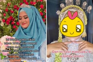 Wanita ini bandingkan hasil makeup nikahannya versi MUA vs dirinya sendiri, hasilnya jomplang banget