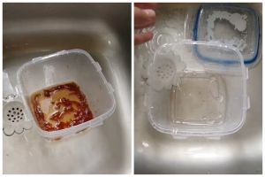 Bukan pakai tisu dapur, begini cara membersihkan lemak membandel di kotak makan plastik