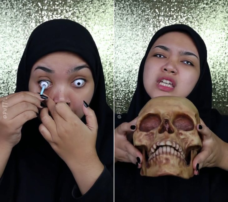 Skill makeup-nya tingkat dewa, perubahan wajah wanita jadi manusia tengkorak ini bikin mata tak kedip