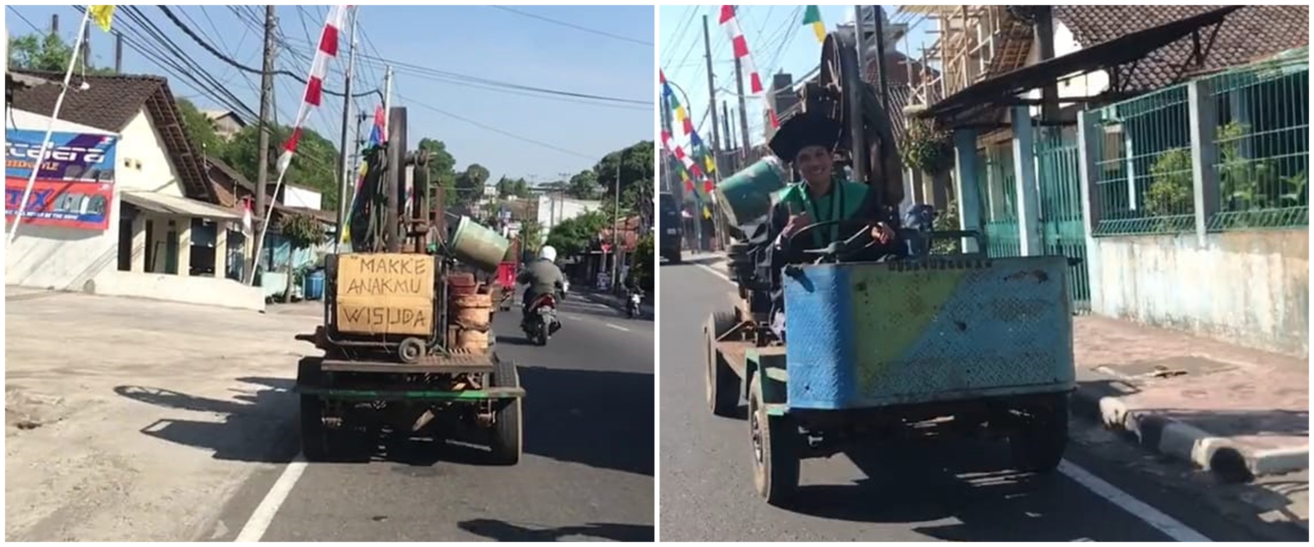 Mahasiswa ini datang wisuda pakai mobil mesin gergaji kayu, alasan di baliknya bikin terenyuh