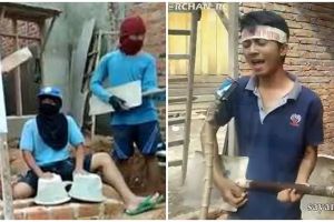 11 Potret kocak aksi kuli bangunan berpose ala anak band pakai alat kerja ini bikin nyengir receh