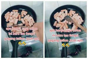 Aksi wanita tunjukkan fungsi lain gagang teflon ini bikin terkejut sekaligus senyum lebar