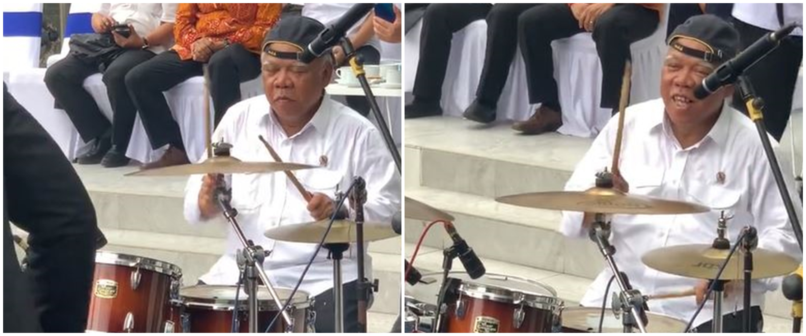 Momen kocak Basuki Hadimuljono tampil nyentrik main drum di UGM, tetap pede meski tempo kejar-kejaran