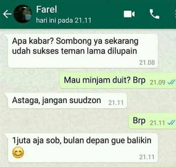 13 Chat lucu teman nanya kabar ini endingnya malah pinjam uang, bikin kesal sambil tarik nafas