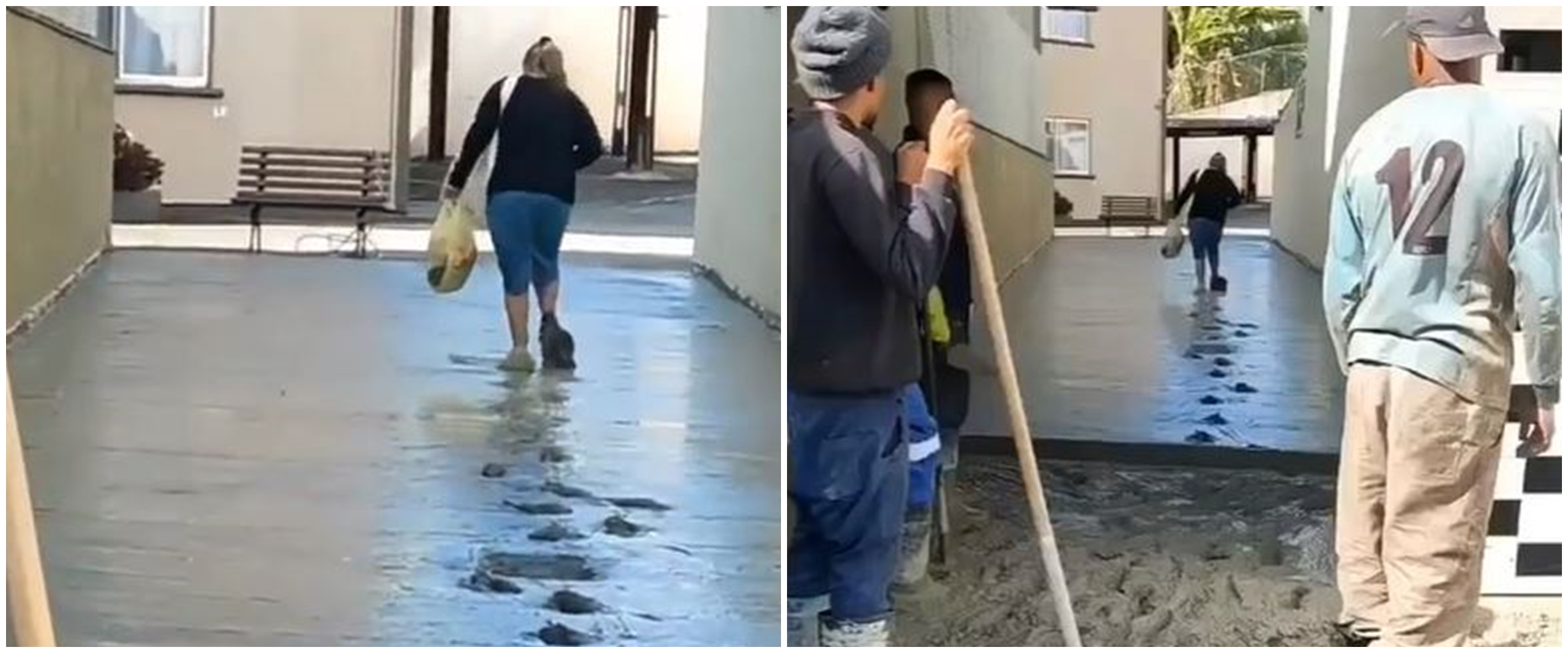 Momen emak-emak dengan santainya lewati jalan yang baru dicor, kaum bapak-bapak cuma bisa pasrah