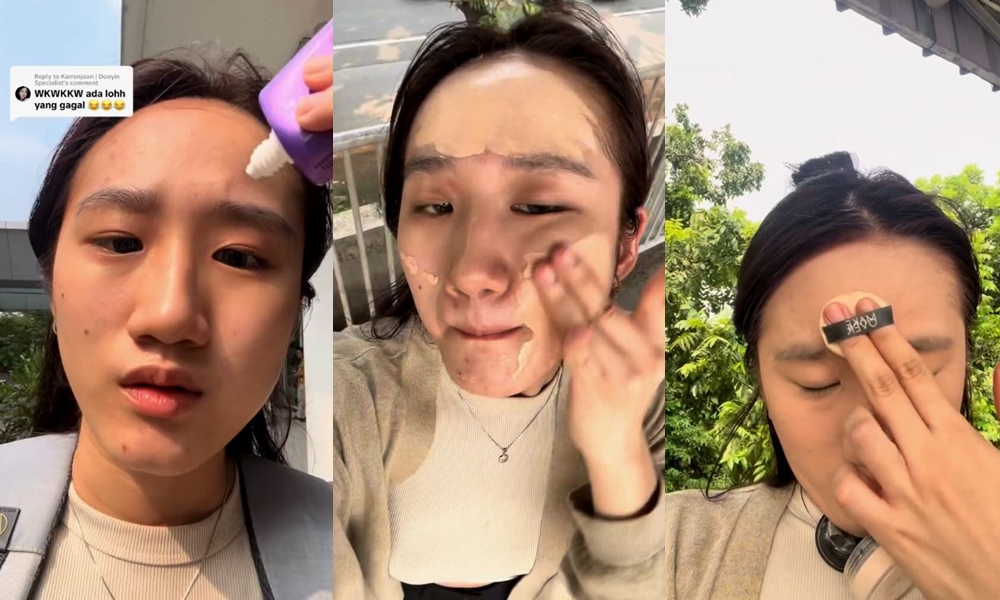 Potret wanita coba challenge makeup sambil jalan di tempat umum, ribet pol tapi hasilnya tuai pujian