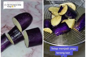 Tanpa balutan tepung, cara goreng terong ini hemat minyak dan bikin warnanya tetap ungu cantik