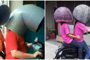 11 Potret kocak pengendara motor dan penumpang pakai helm nyeleneh ini absurdnya kompak
