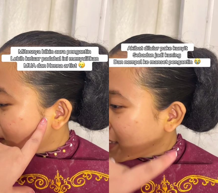 Wajah penuh noda kunyit sebelum dirias, hasil akhir makeup pengantin ini bukti skill sang MUA no debat