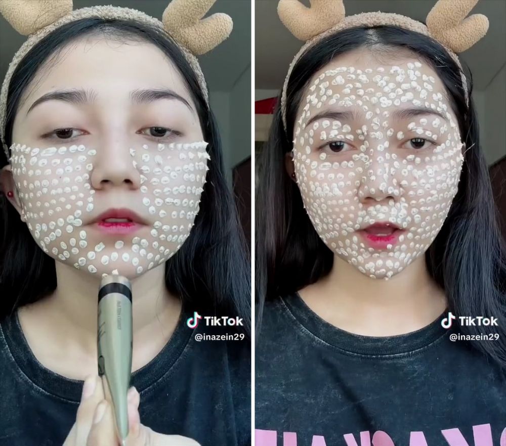 Iseng ikut challenge makeup pakai 500 totol foundation, wanita ini panik wajahnya putih bak diaci