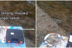 Momen apes pria gagal piknik estetik di pinggir sungai karena salah bawa alat, bikin tepuk jidat