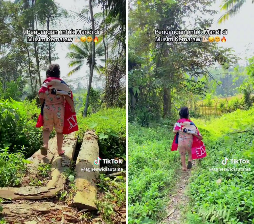 Gegara kekeringan, begini momen ibu ajak sang anak menerabas hutan hingga sungai demi bisa mandi
