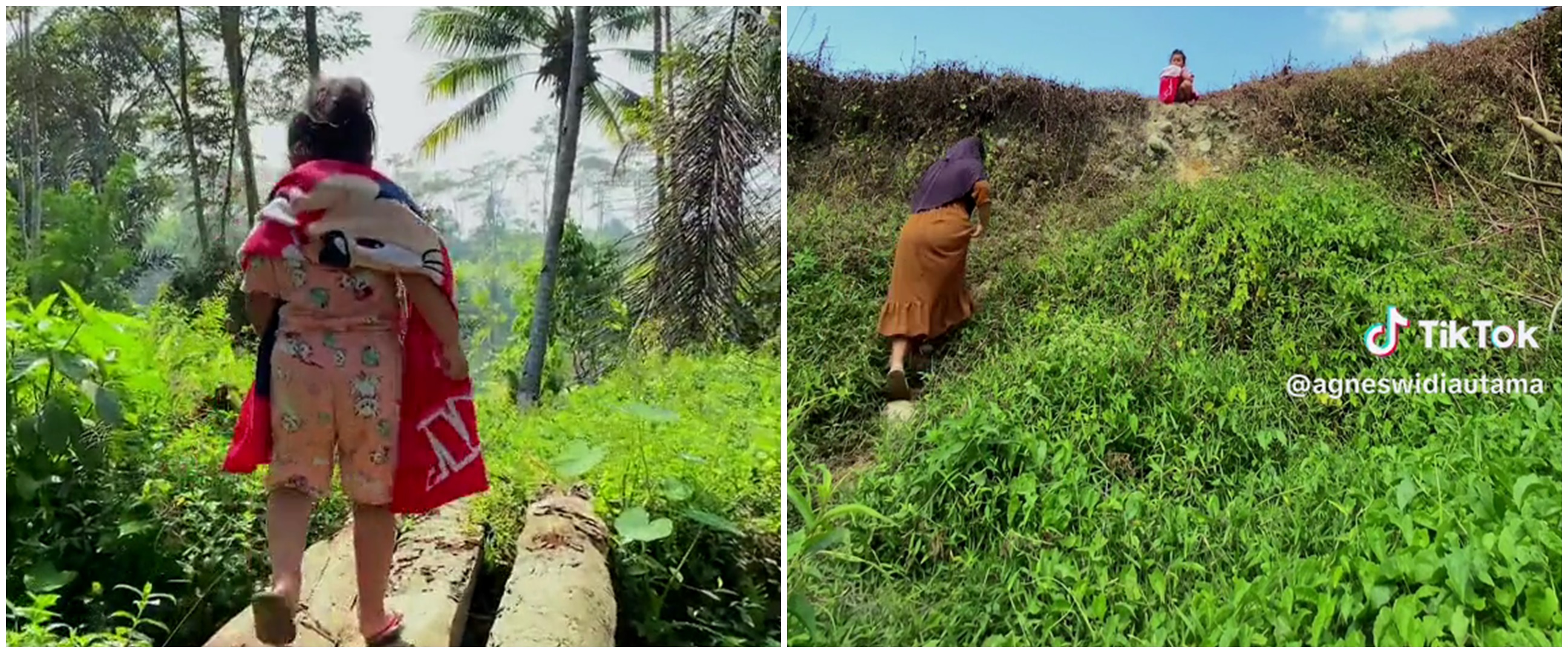 Gegara kekeringan, begini momen ibu ajak sang anak menerabas hutan hingga sungai demi bisa mandi