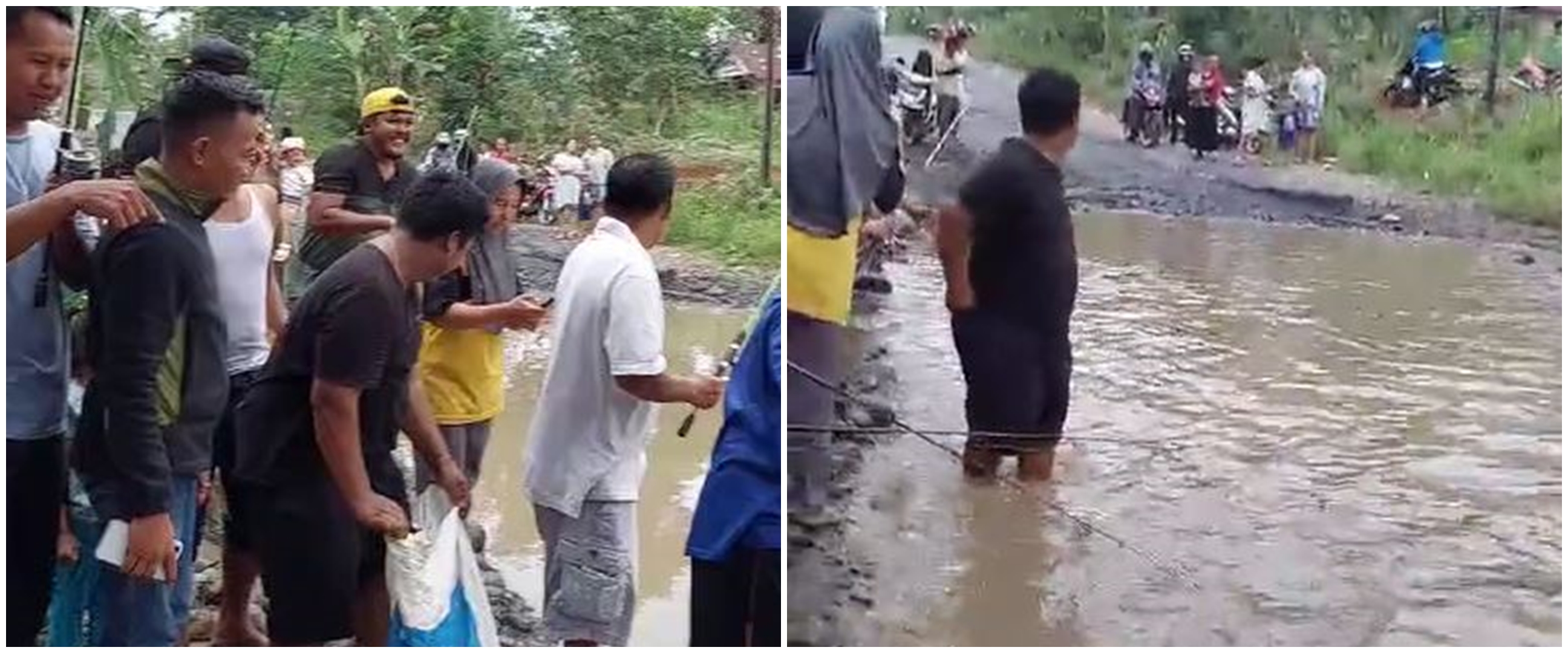 Momen kocak warga Bengkulu Utara mancing di jalanan berlubang ini tuai sorotan, aksinya nyindir abis