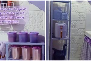 9 Potret dapur segaris serba ungu di kolong tangga ini estetik pol, tetap rapi tanpa kitchen set