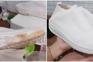 Tanpa dibasahi air, ini cara bersihkan noda tanah di sepatu putih pakai 1 tambahan alat mandi