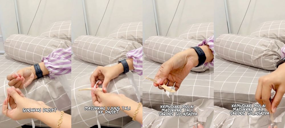Bukan pakai peniti, ini cara mudah pasang tali sarung guling cuma butuh waktu 30 detik