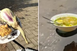 11 Potret kocak makanan di spion motor ini bikin geleng-geleng kepala, piringnya jatuh auto panik