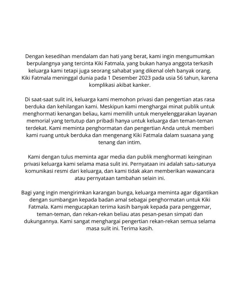 Perjuangan Kiki Fatmala lepas dari kanker paru stadium IV sebelum meninggal, sempat dinyatakan sembuh