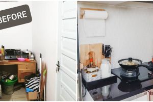 7 Potret dapur sumpek cuma sepetak dirombak pakai kitchen set mungil serba monokrom ini jadi ciamik