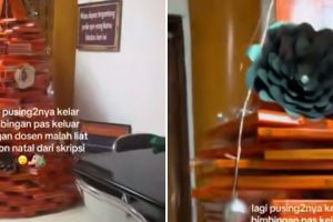 Momen mahasiswi syok nemuin skripsi dijadikan pohon natal, kreatifnya antimainstream