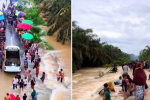 Alih-alih sibuk evakuasi, momen banjir di Riau ini malah jadi tempat wisata warga sekitar