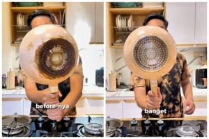 Tak perlu sitrun dan dikeruk pisau, ini cara bersihkan kerak gosok di pantat wajan pakai 1 alat