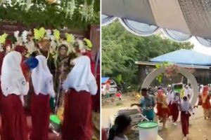 Momen anak SD datang ke resepsi gurunya ini kocak abis, bawa peralatan dapur hingga joget di pelaminan