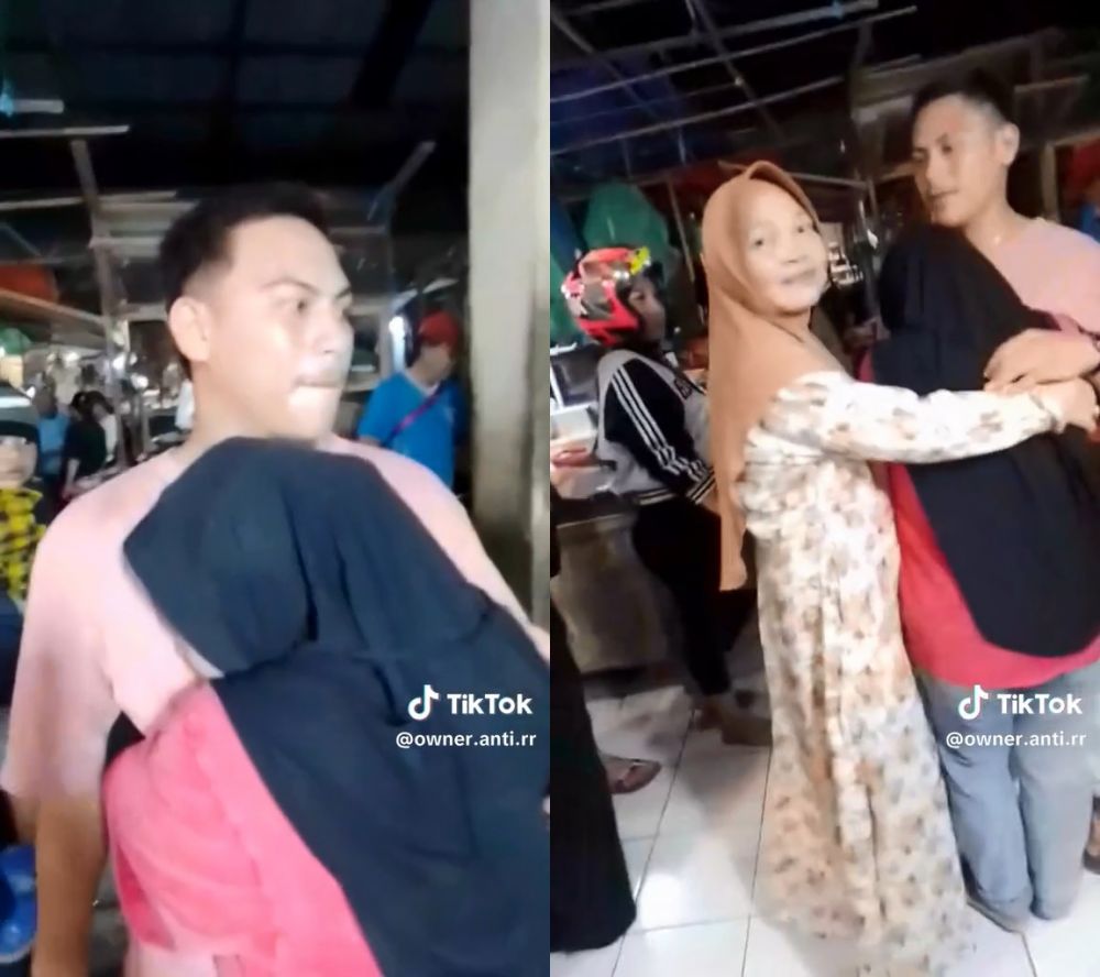 Momen wanita menangis peluk pria asing di pasar ini kisahnya bak sinetron, alasannya bikin terenyuh