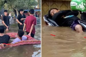 11 Potret kocak orang menghadapi banjir ini santuinya nggak ada lawan, bikin tepuk jidat
