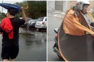 11 Potret kocak kelakuan orang nyeleneh menghindari hujan ini bikin nggak habis pikir, ada-ada aja ide