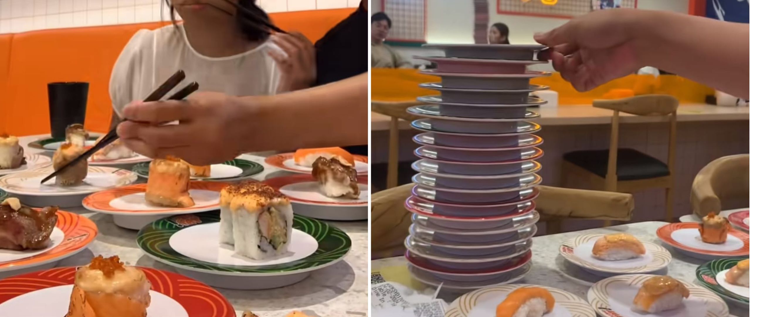 Piring numpuk setinggi 1 meter, aksi pasangan tidak mengenal kenyang saat makan sushi ini bikin heran
