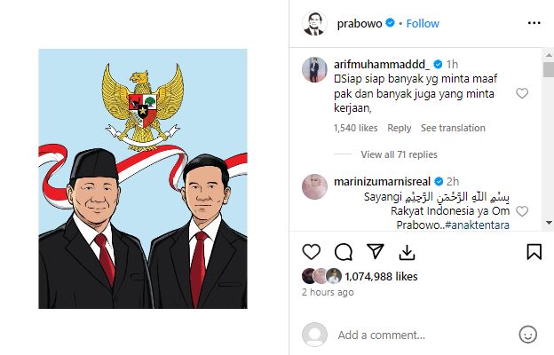 Unggul lebih dari 50 persen versi quick count, unggahan terbaru Prabowo-Gibran banjir ucapan selamat
