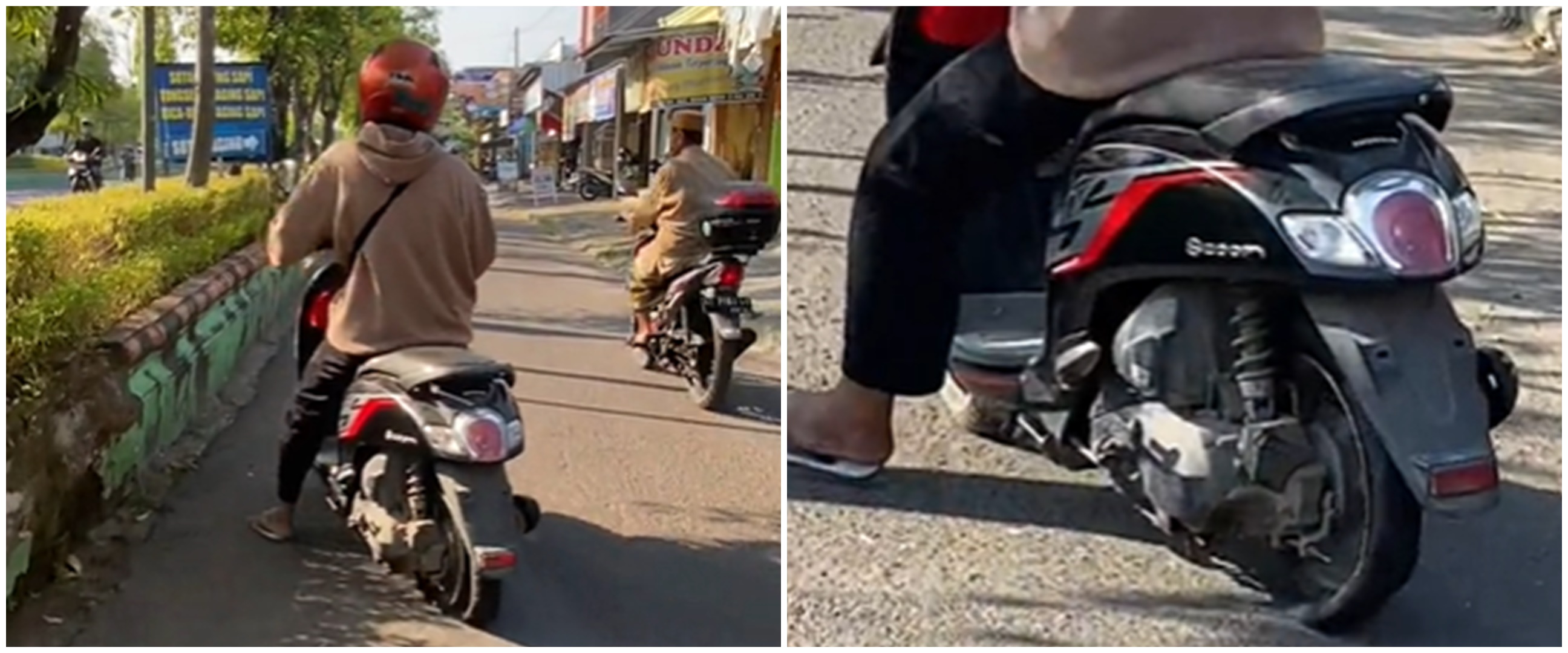 Kelakuan warga +62 emang di luar nalar, momen pria tetap bawa motor meski bannya bocor bikin heran