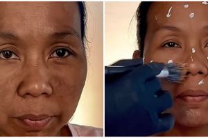 Transformasi makeup wanita paruh baya dengan wajah penuh flek hitam, hasilnya flawless dan tampak muda