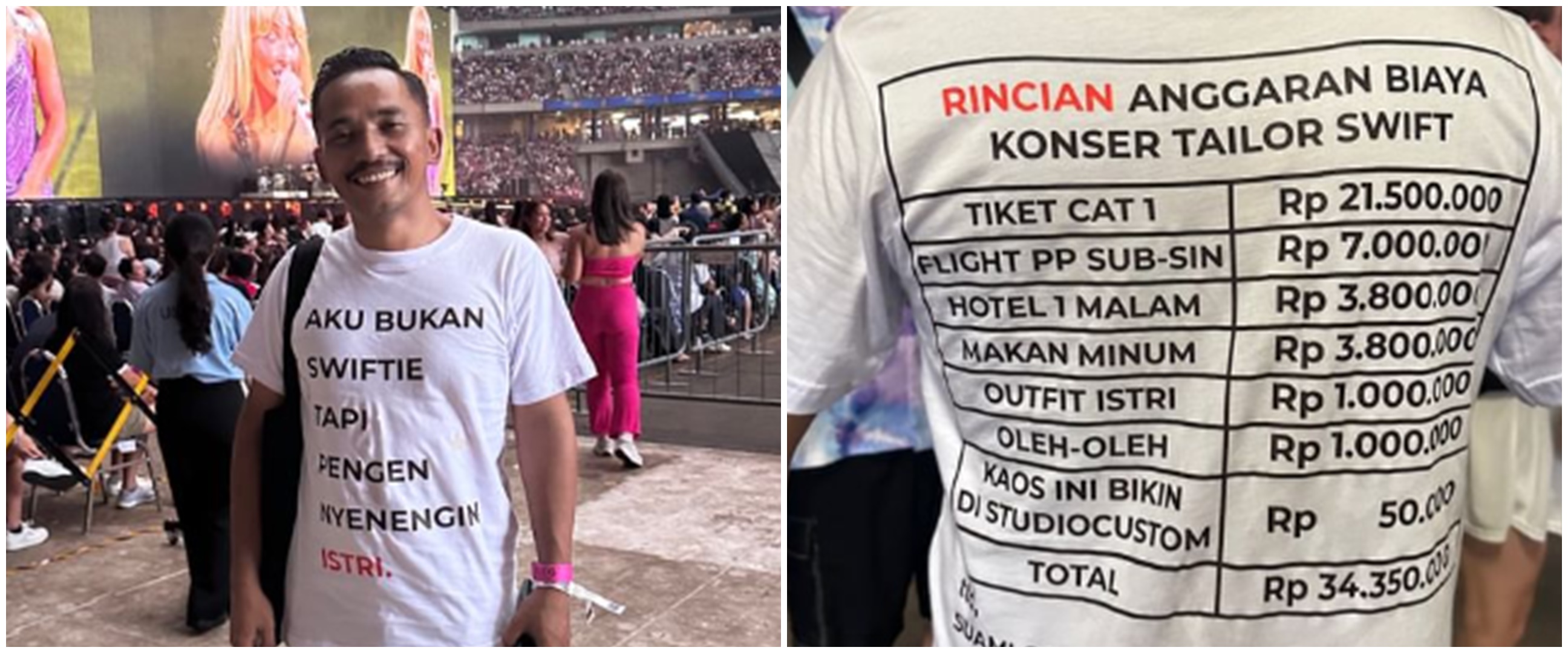 Pria ini pakai kaus rincian bujet nonton konser Taylor Swift demi temani istri, definisi suami idaman