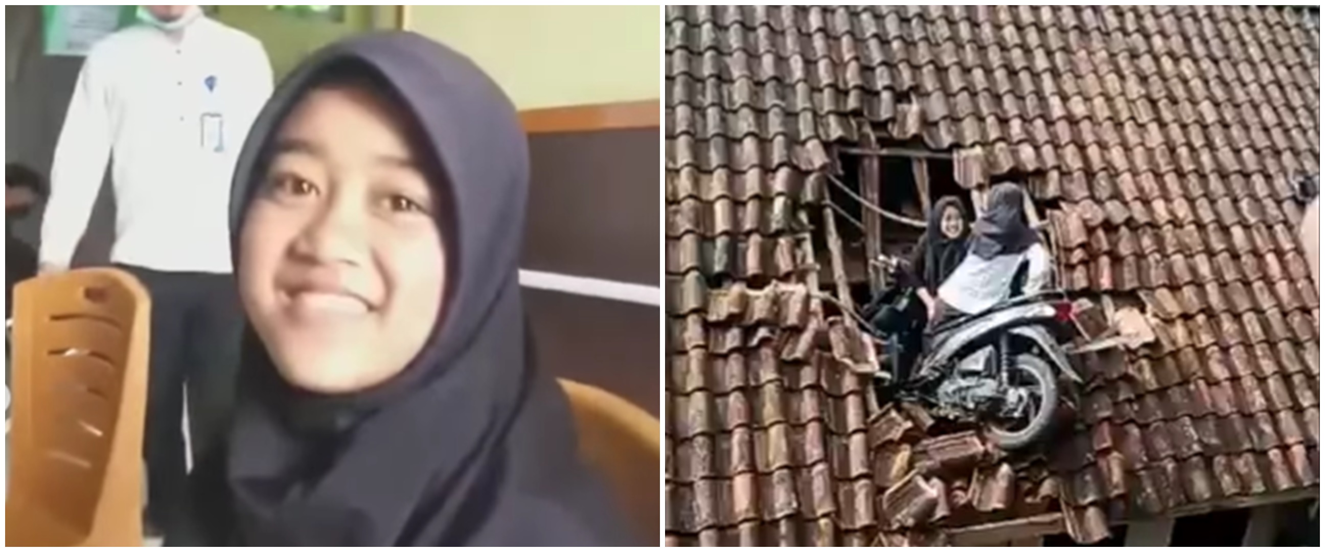 Detik-detik 2 bocah SD 'nyungsep' bareng sepeda motornya di atap rumah warga, kronologinya bikin heran