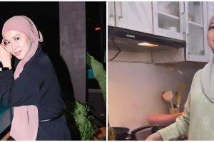 8 Potret dapur Okie Agustina ini mungil dan sederhana, tampilannya cantik pakai motif ala marmer