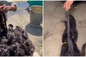 8 Proses bikin rambut palsu ini bak nyuci baju di sungai, penampakannya bikin warganet kaget